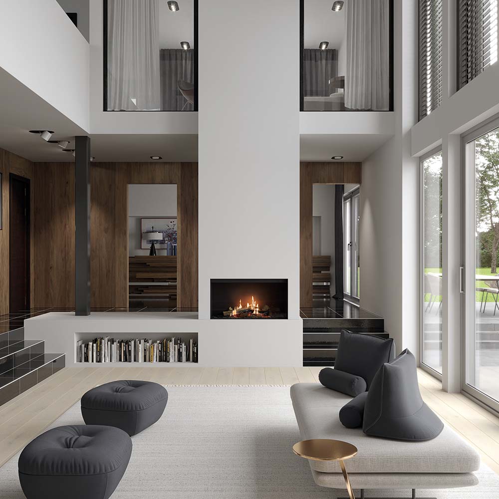 Faber Matrix Hybrid 1050/500 I Front in moderne woonkamer met ingebouwde haard