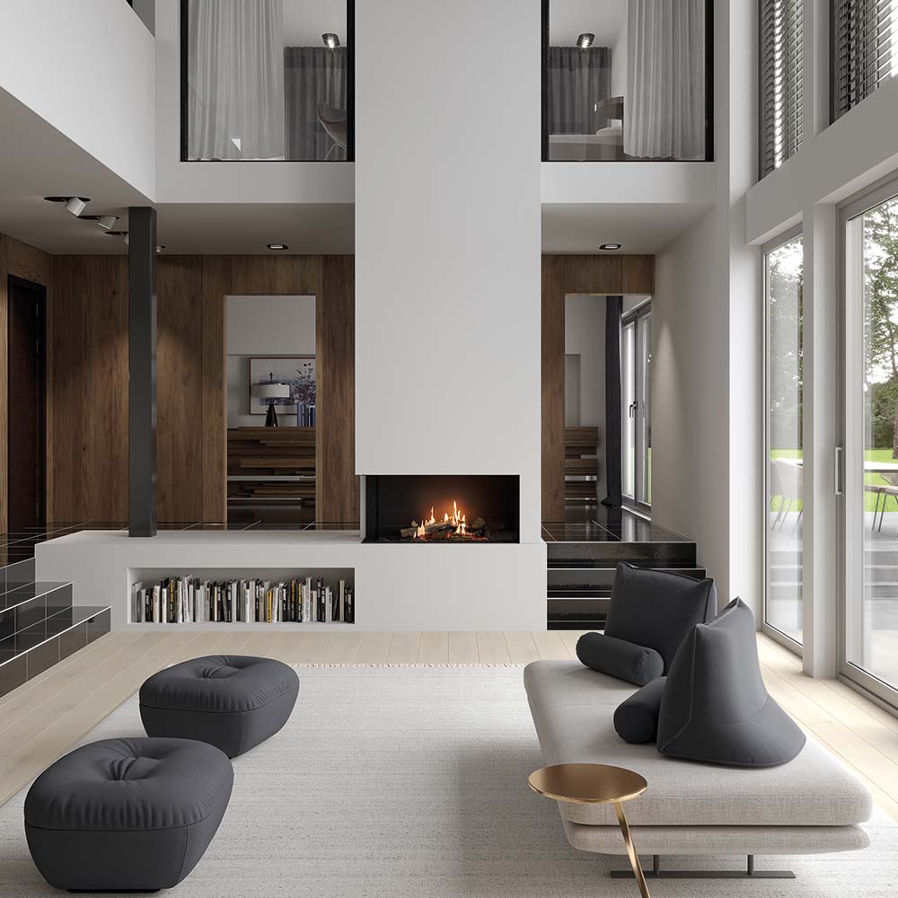 Faber Matrix Hybrid 1050/500 II Hoek in moderne woonkamer met haardvuur