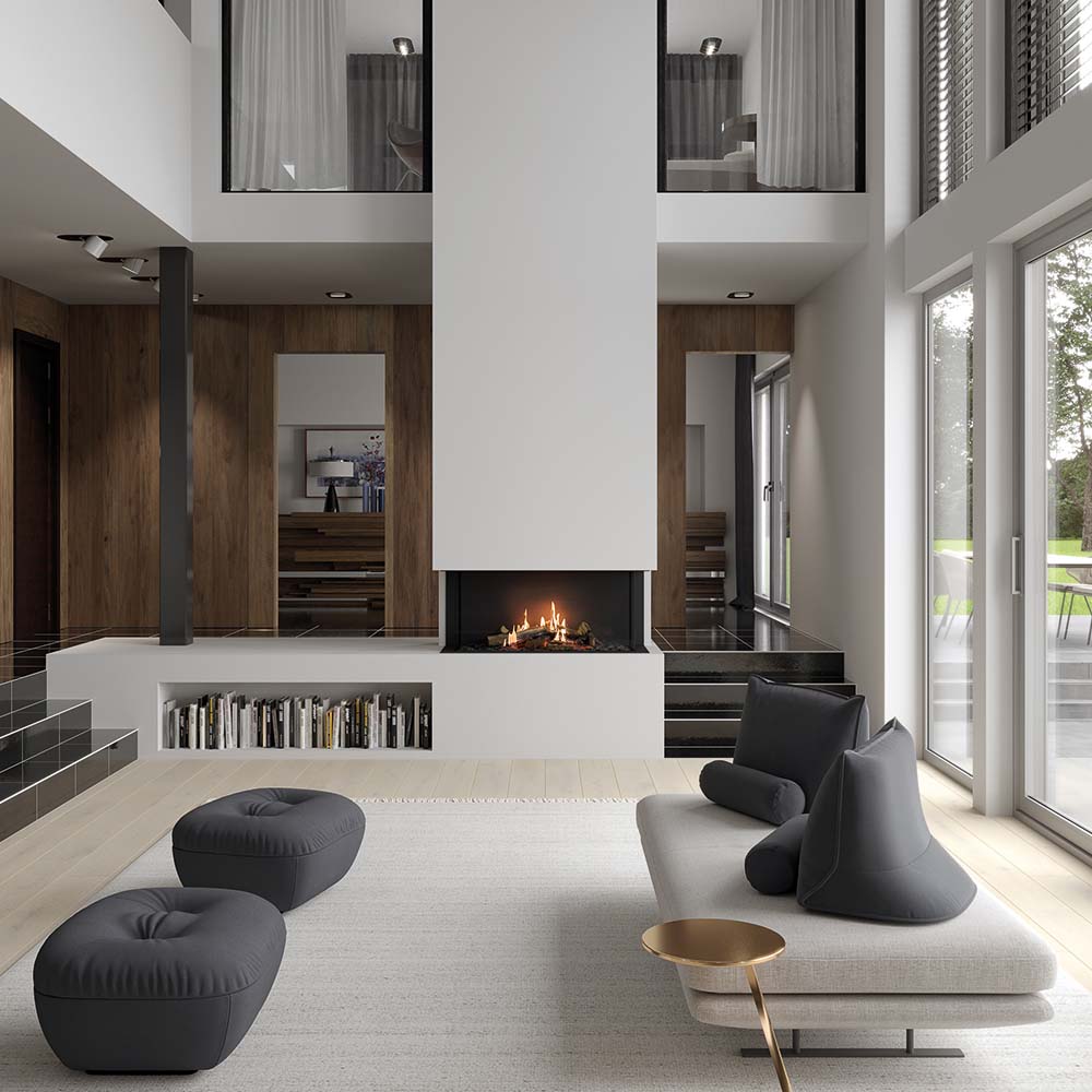 Faber Matrix Hybrid 1050/500 III in moderne woonkamer met driezijdig haardvuur