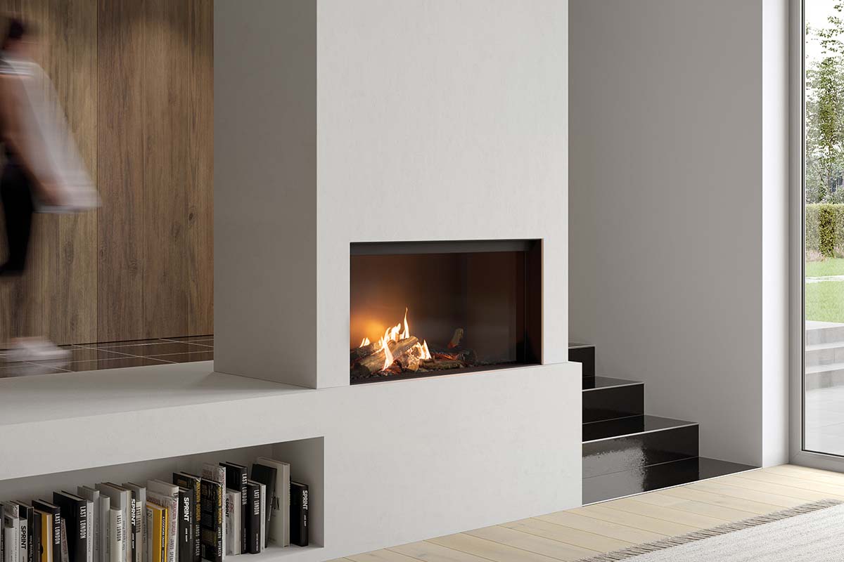 Faber Matrix Hybrid 1050/500 I Front ingebouwde haard in moderne woonkamer