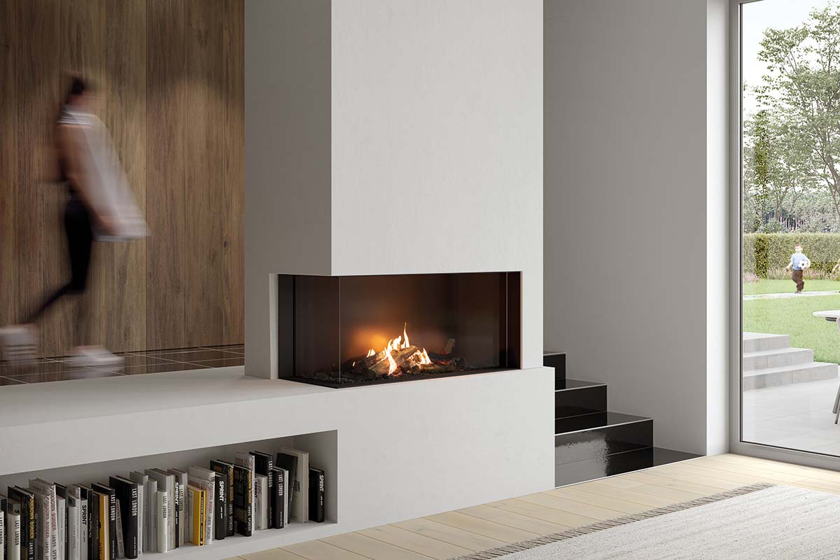 Faber Matrix Hybrid 1050/500 II Hoek in moderne woonkamer met ingebouwde haard