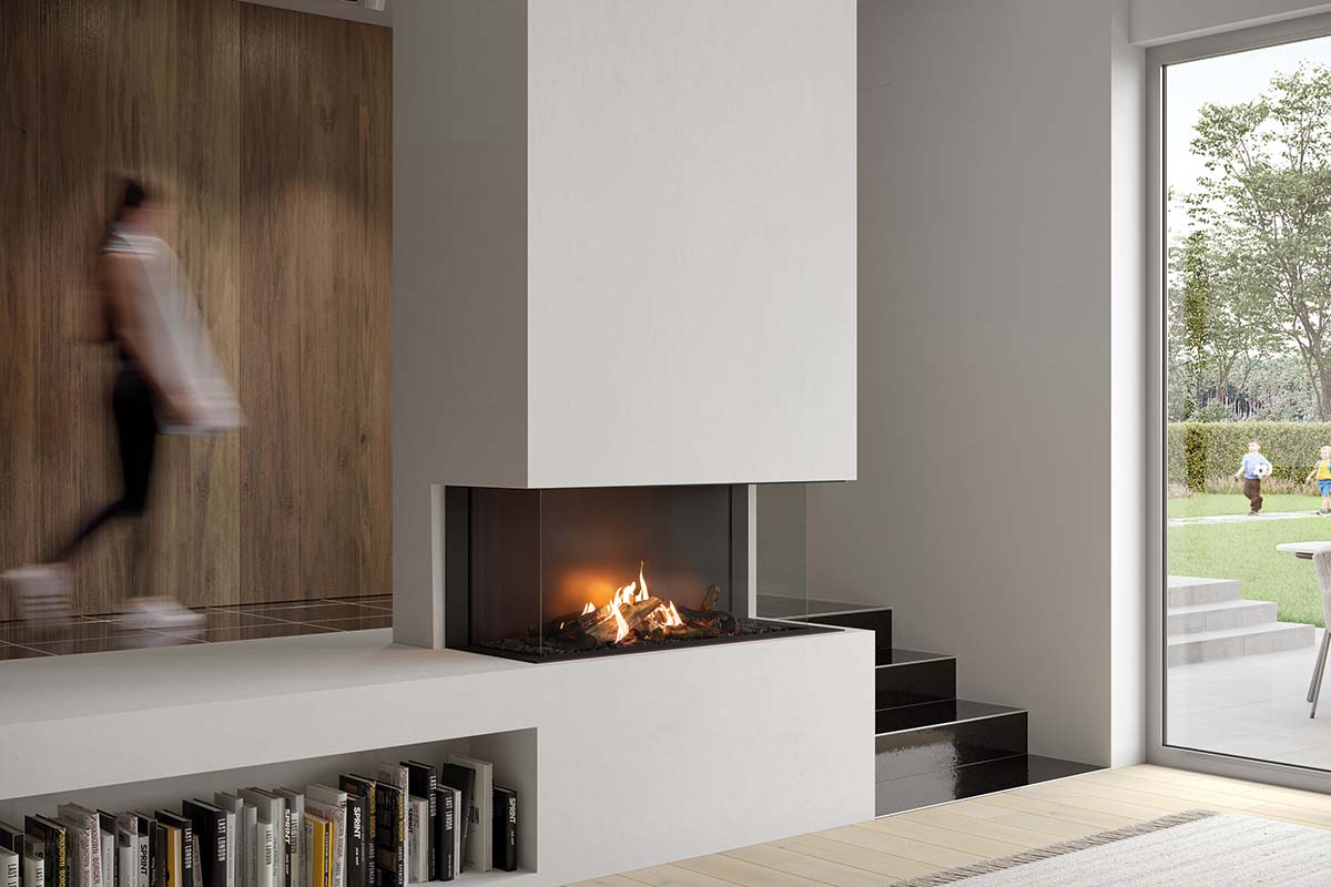 Faber Matrix Hybrid 1050/500 III Driezijdig in moderne woonkamer met vuur
