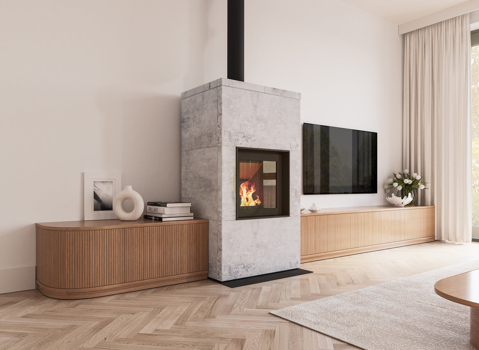 Altech Max Massiv B in moderne woonkamer met brandend vuur