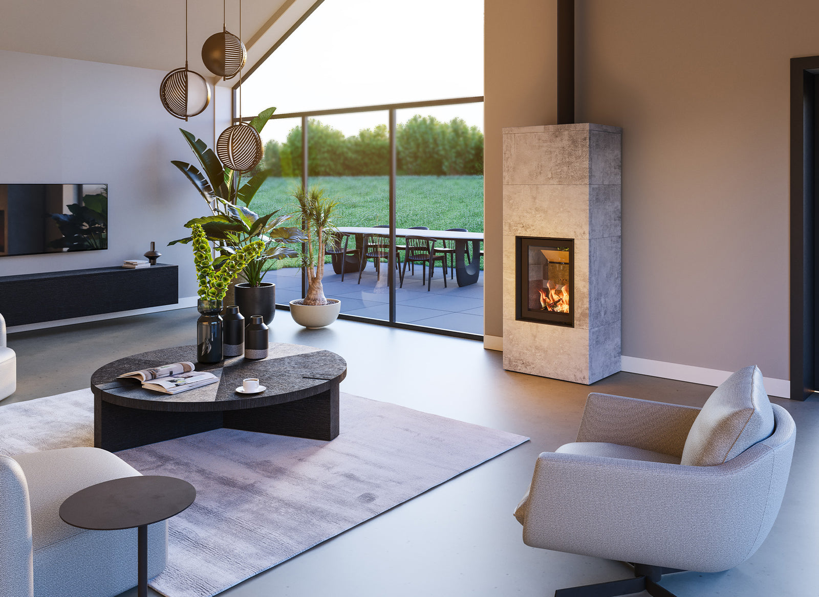 Altech Max Massiv H in moderne woonkamer met brandend vuur