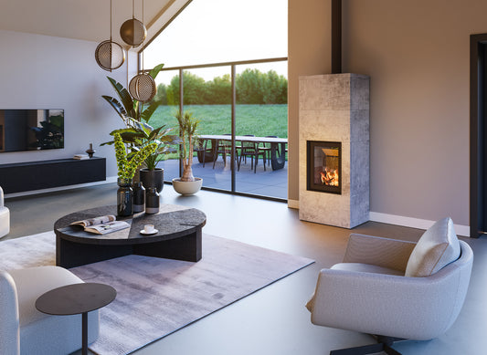 Altech Max Massiv H in moderne woonkamer met brandend vuur