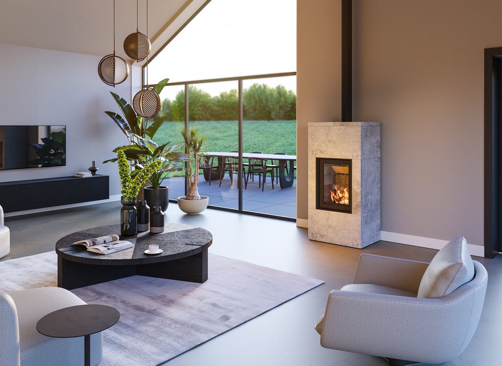 Altech Max Massiv H in moderne woonkamer met brandend vuur