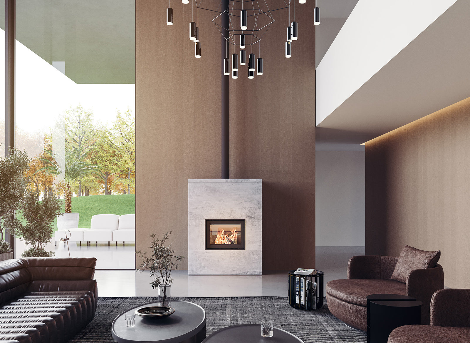 Altech Max Massiv W haard in moderne woonkamer met hangende lampen