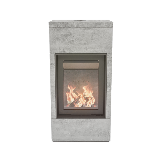 Altech Max Core H houtkachel met stenen bekleding en brandend vuur