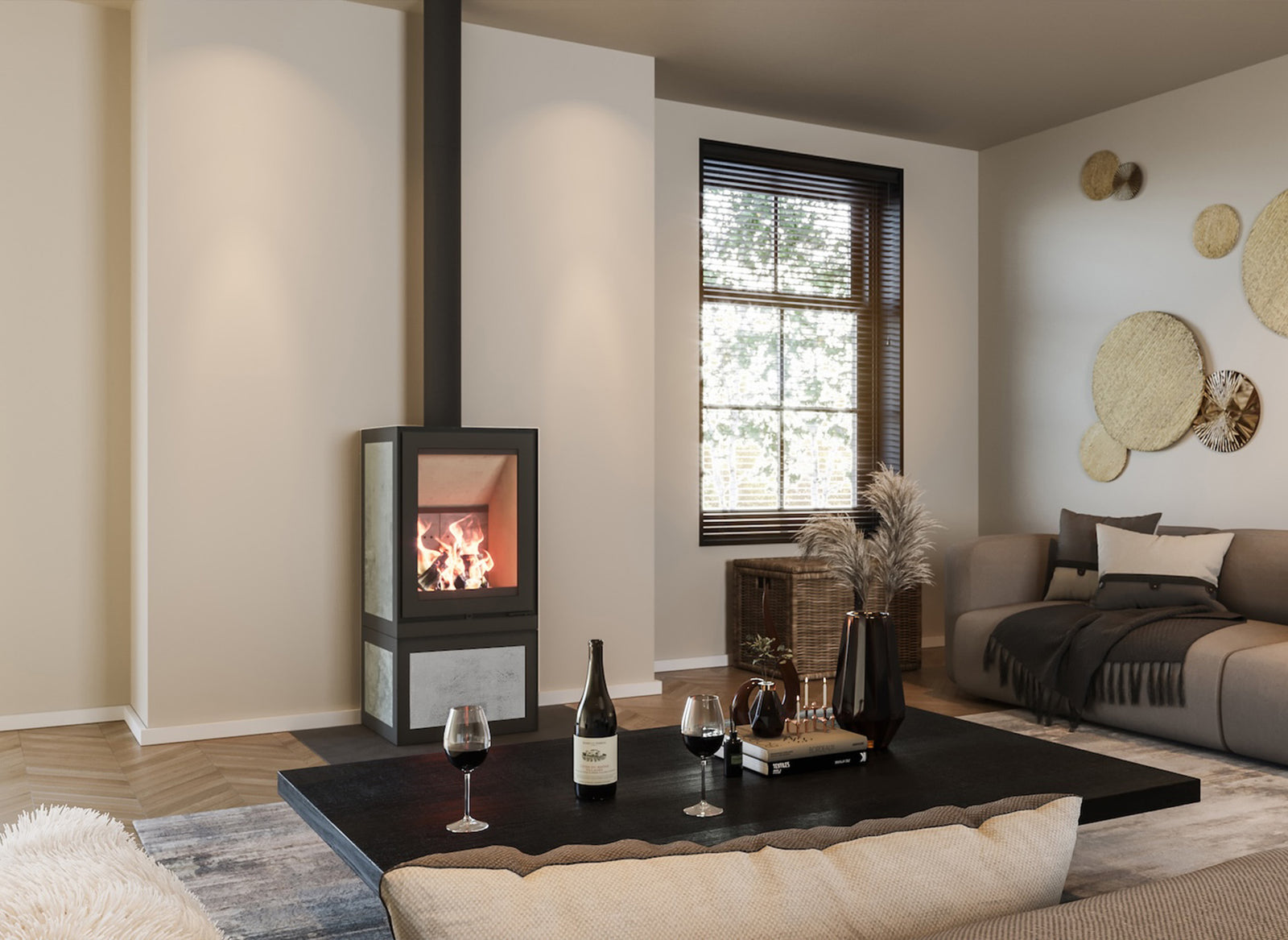 Altech Max H Depot Hybride-e kachel in moderne woonkamer met brandend vuur