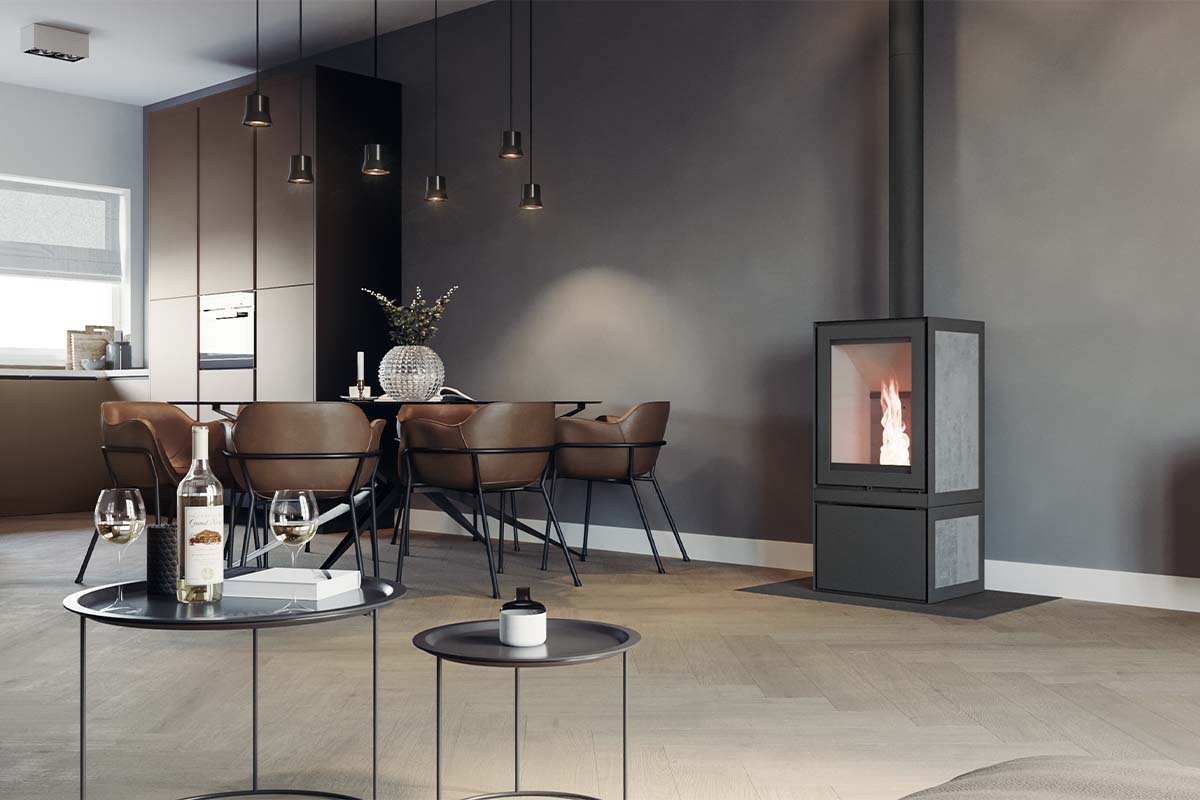 Altech MAX H pelletkachel in moderne woonkamer met eettafel