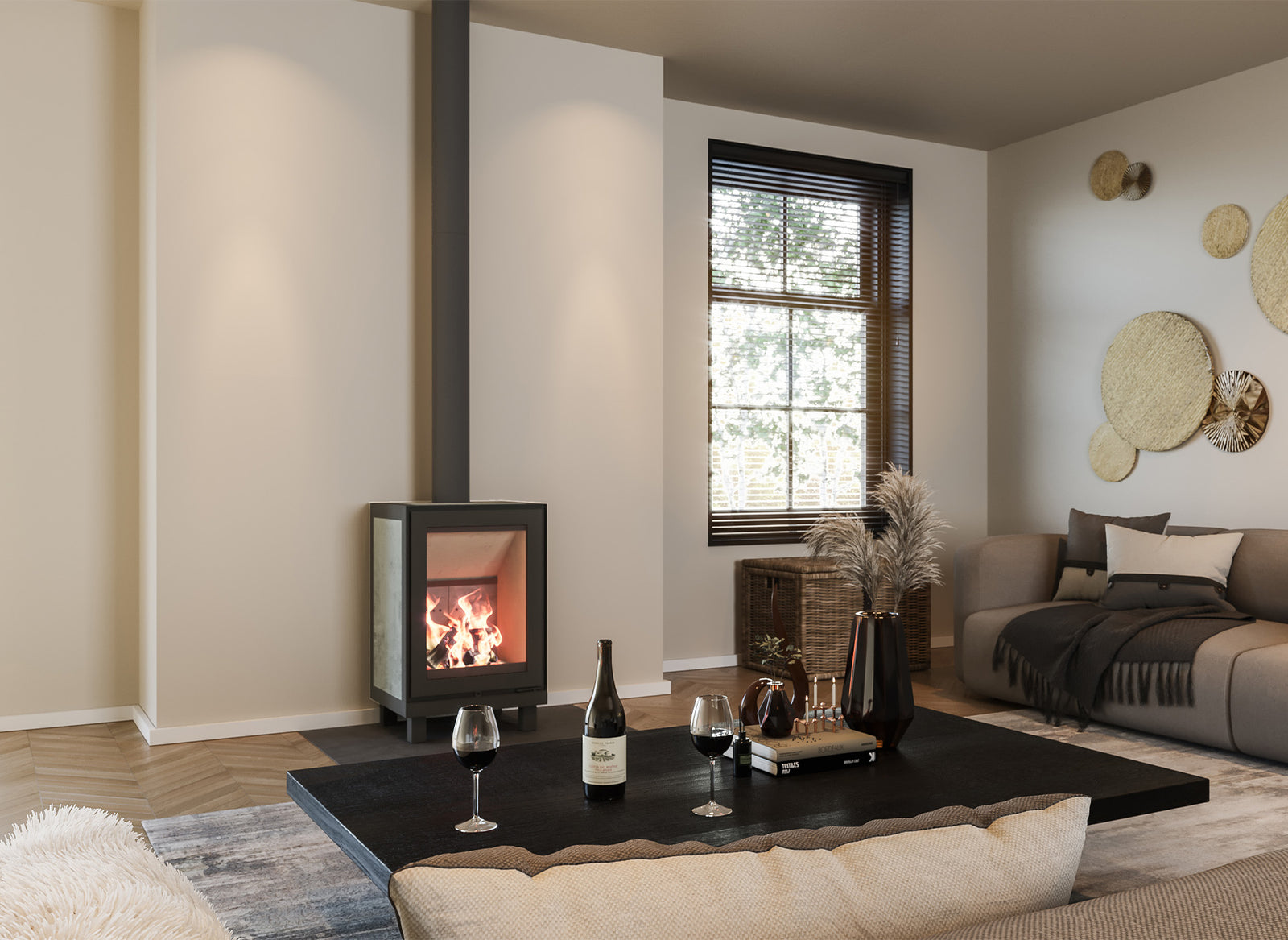 Altech MAX H haard in moderne woonkamer met brandend vuur