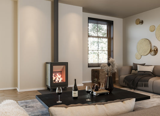 Altech MAX H haard in moderne woonkamer met brandend vuur