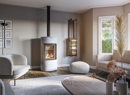 Altech Max Massiv RH houtkachel in moderne woonkamer met brandend vuur