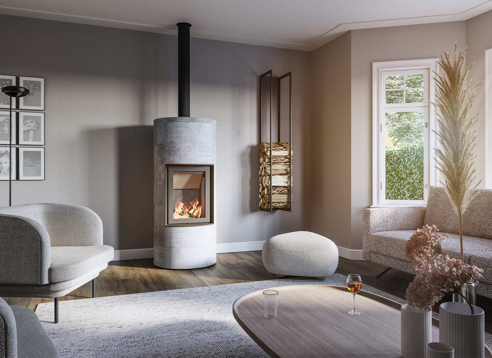 Altech Max Massiv RH in moderne woonkamer met brandend vuur