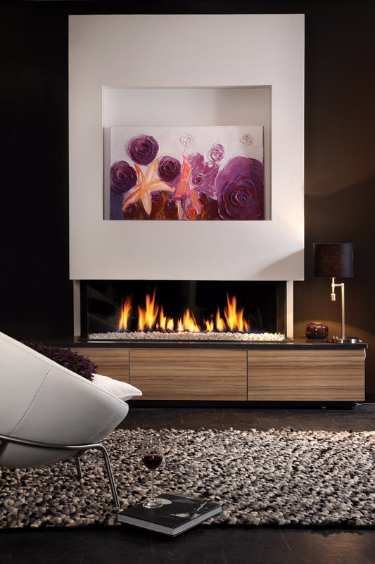 DRU Metro 130XT/3 Eco Wave haard in moderne woonkamer met brandend vuur