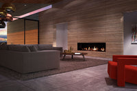DRU Metro 200XT Tunnel Eco Wave ingebouwd in moderne woonkamer met brandend vuur