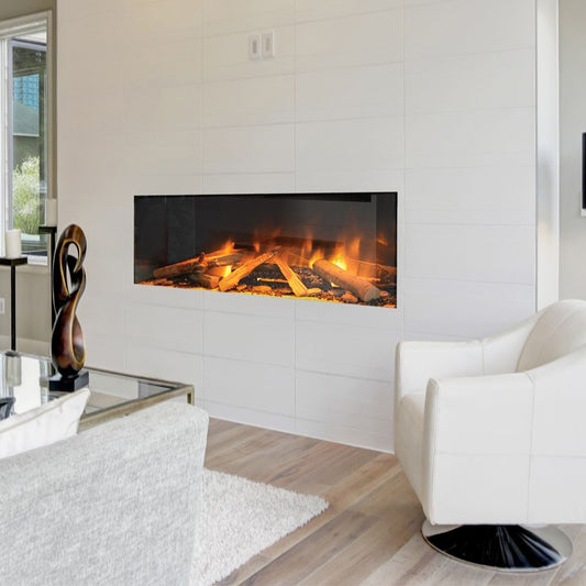 Element4 100 E Modore in moderne woonkamer met ingebouwde haard en vlammen