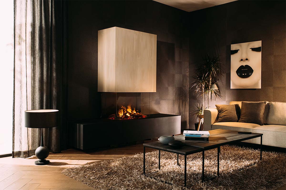 Faber e-MatriX Mood 800/500 III in moderne woonkamer met vlammen