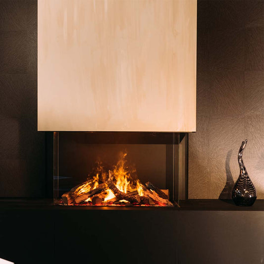 Faber e-MatriX Mood 800/500 III driezijdige haard in moderne woonkamer