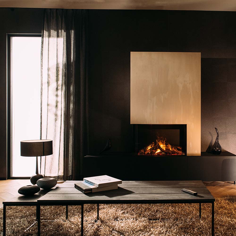 Dimplex e-MatriX 800/500 II Hoek in moderne woonkamer met brandend haardvuur