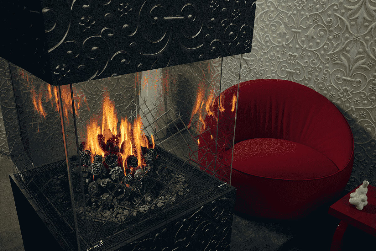 Element4 Architect Series haard met vlammen en rood fauteuil in interieur