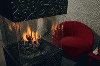 Element4 Architect Series haard met vlammen en rood fauteuil in interieur