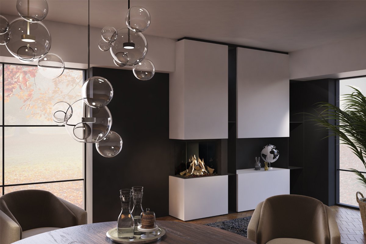 DRU Maestro 60/2 Eco Wave in moderne woonkamer met ingebouwde haard