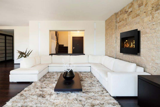 Icon Fires Nero Wall Frame 1450 in moderne woonkamer met brandend wandmodel