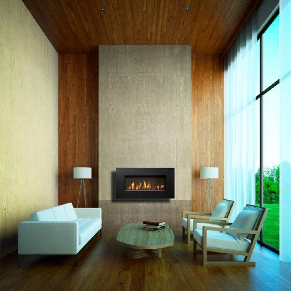 Icon Fires Nero Wall Frame 1150 in moderne woonkamer met brandende inbouwhaard
