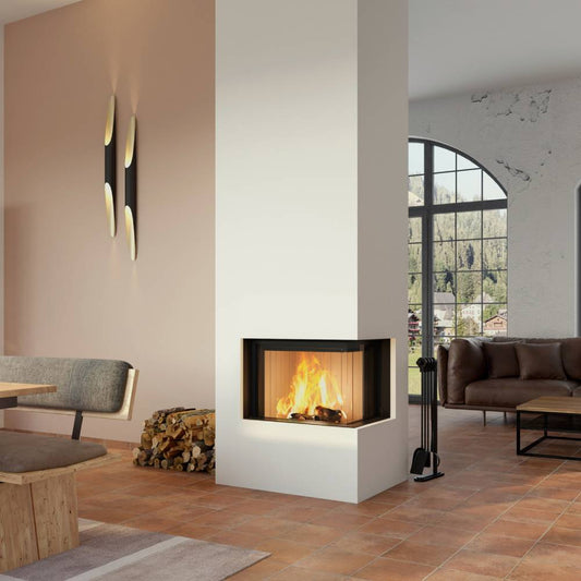 Spartherm Premium Corner 68x40x50 in moderne woonkamer met zichtbare vlammen