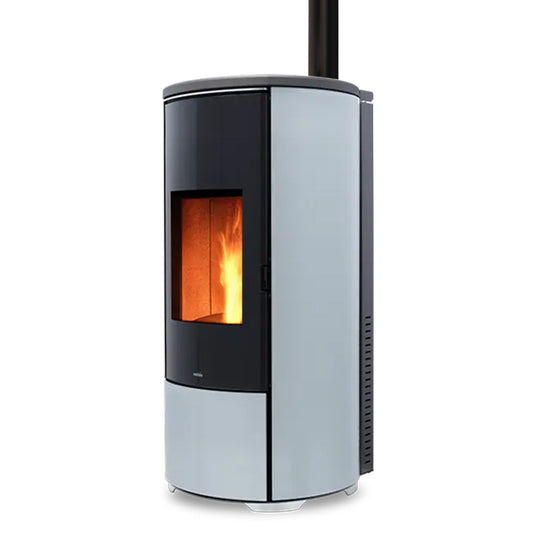 Nobis A8 Round Glass Top pelletkachel met zichtbare vlam, zwart en grijs