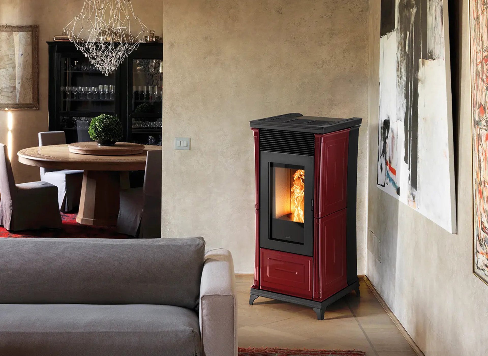 Nobis A10 Classic Plus rode kachel in moderne woonkamer