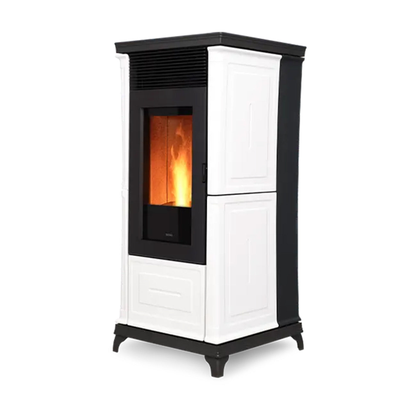 Nobis A10 Classic Plus pelletkachel wit-zwart met zicht op vlammen