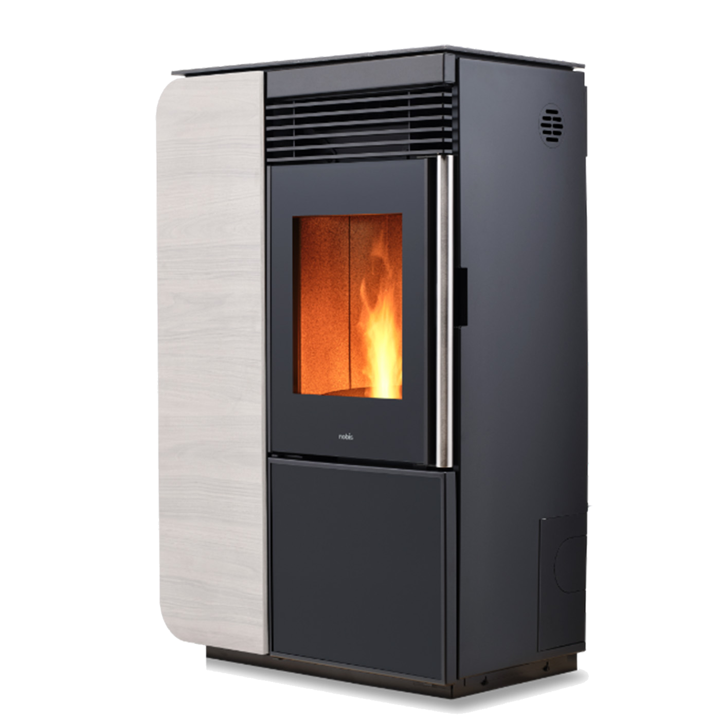 Nobis A10 Light Style pelletkachel met brandende vlam, zwart en licht houten zijpaneel
