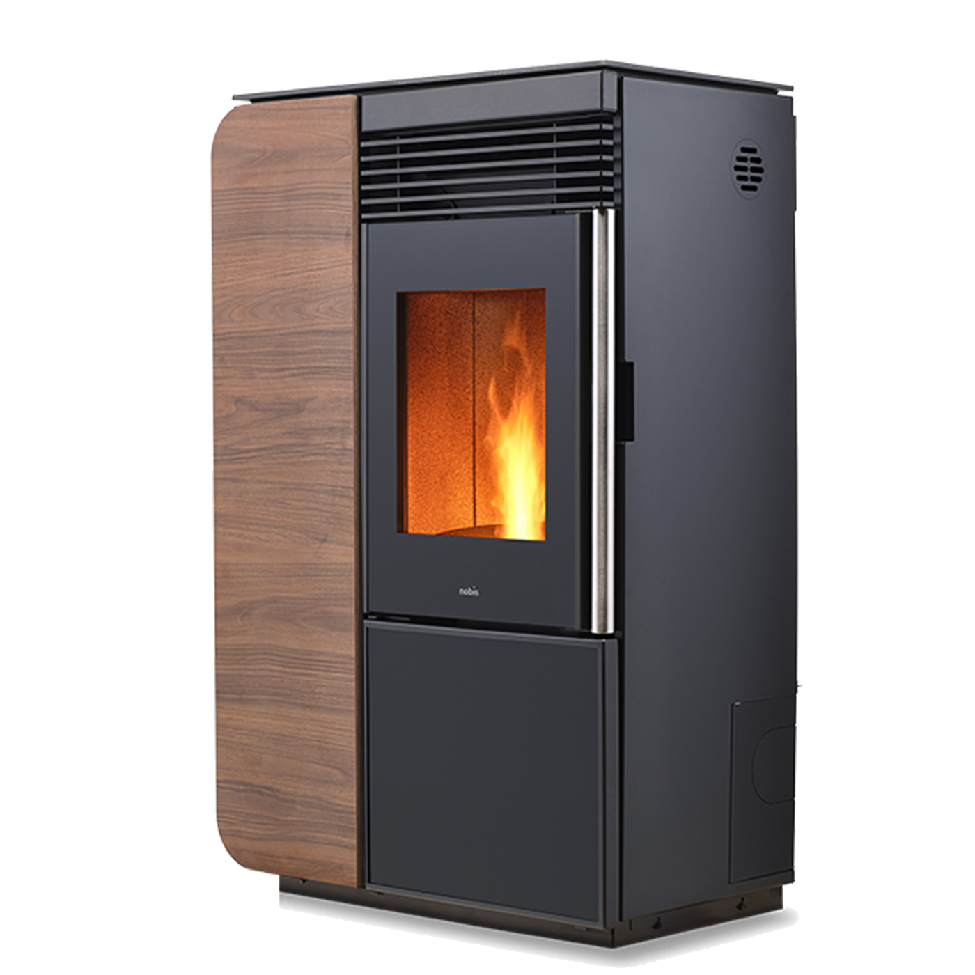 Nobis A10 Light Style pelletkachel met houten zijpaneel en zichtbare vlam
