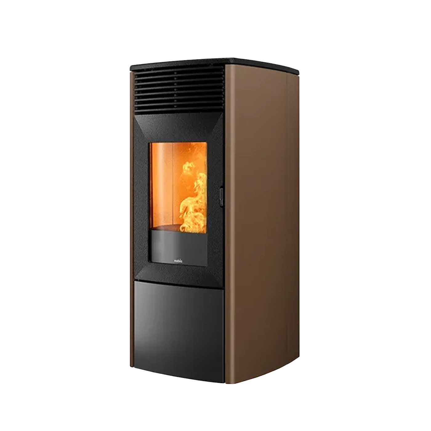 Nobis A10 Zenith pelletkachel met vlammen, bruin en zwart