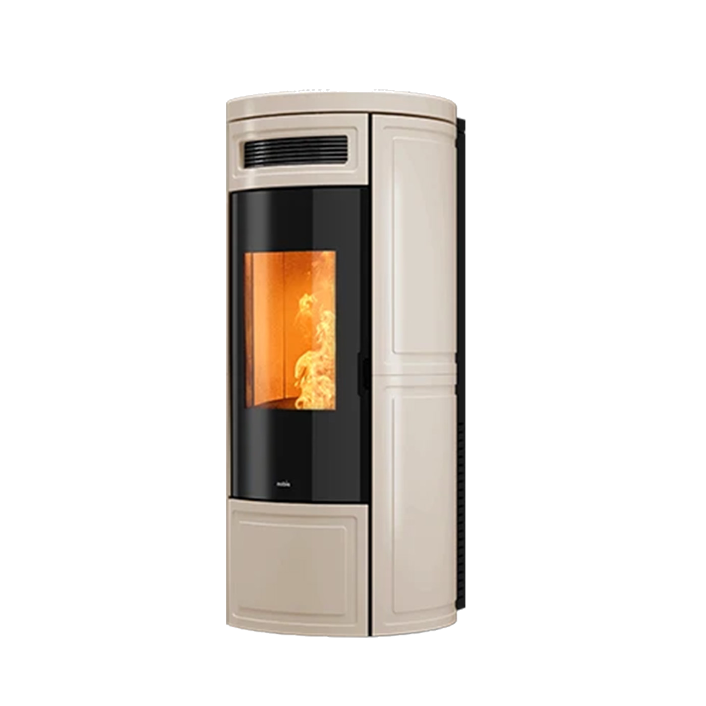 Nobis A11 Round Keramiek pelletkachel met beige keramische bekleding en zichtbare vlammen