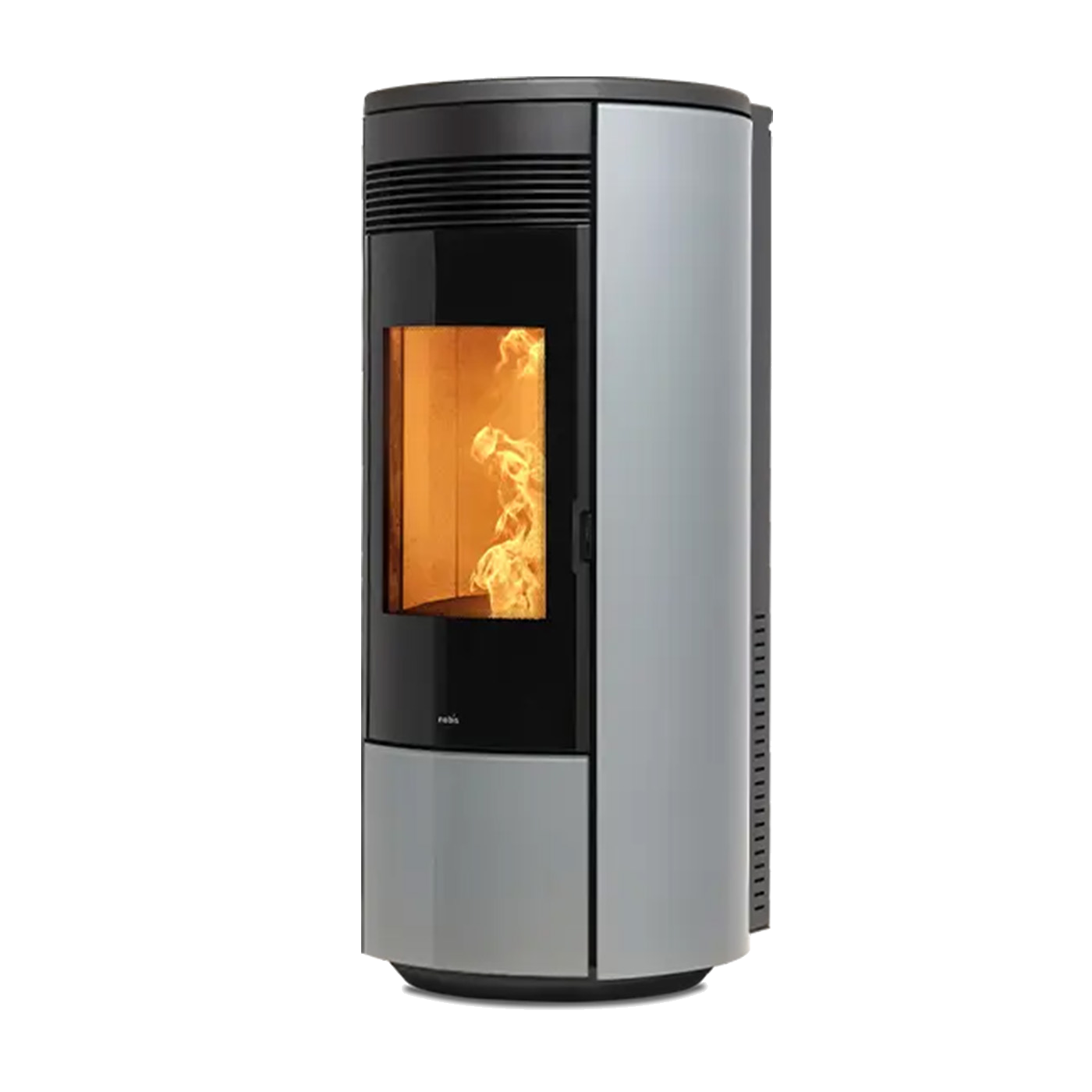 Nobis A13 Round Glass pelletkachel met vlammen op witte achtergrond