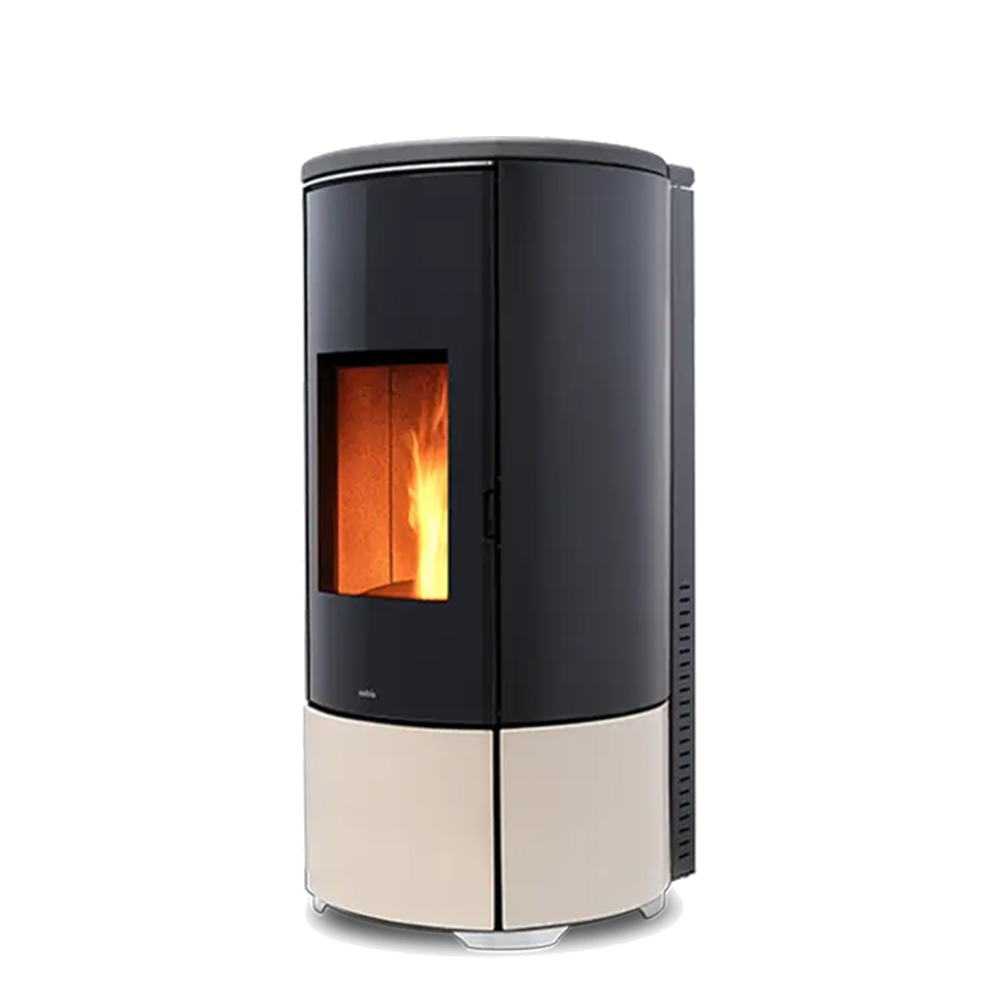 Nobis A8 Round Keramiek pelletkachel zwart en beige, met zicht op vlammen