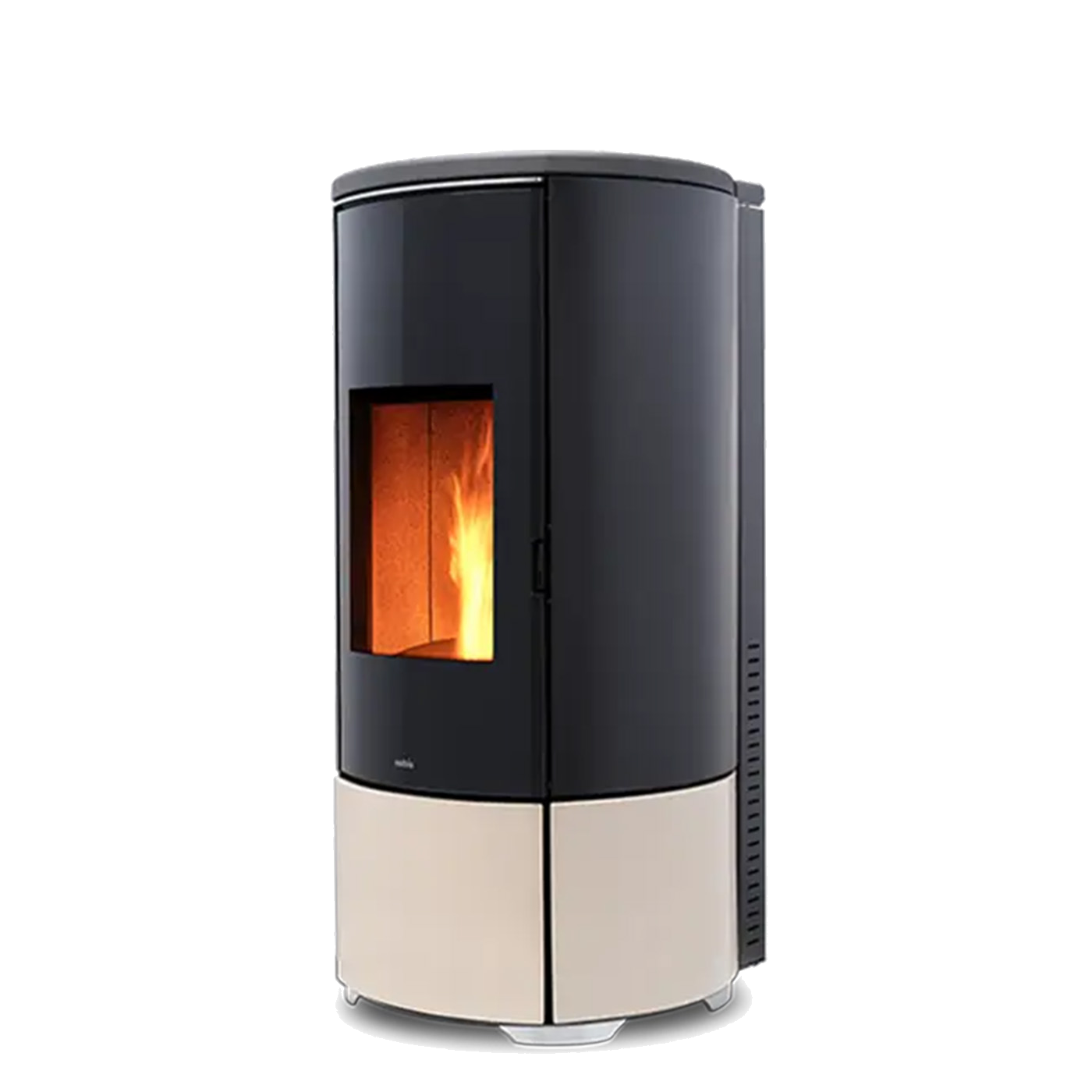 Nobis A8 Round Keramiek pelletkachel zwart en beige, met zicht op vlammen