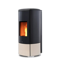 Nobis A8 Round Keramiek pelletkachel zwart en beige, met zicht op vlammen