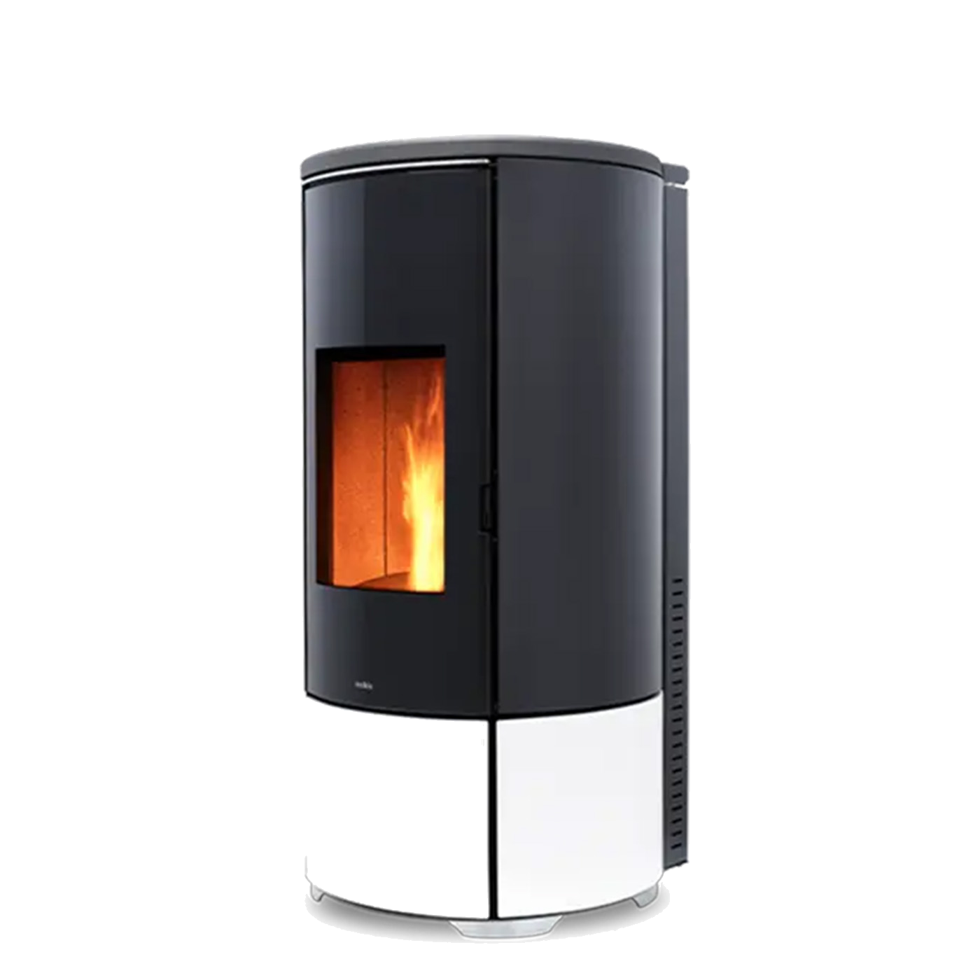 Nobis A8 Round Keramiek pelletkachel met zwart en wit design, zichtbaar vuur