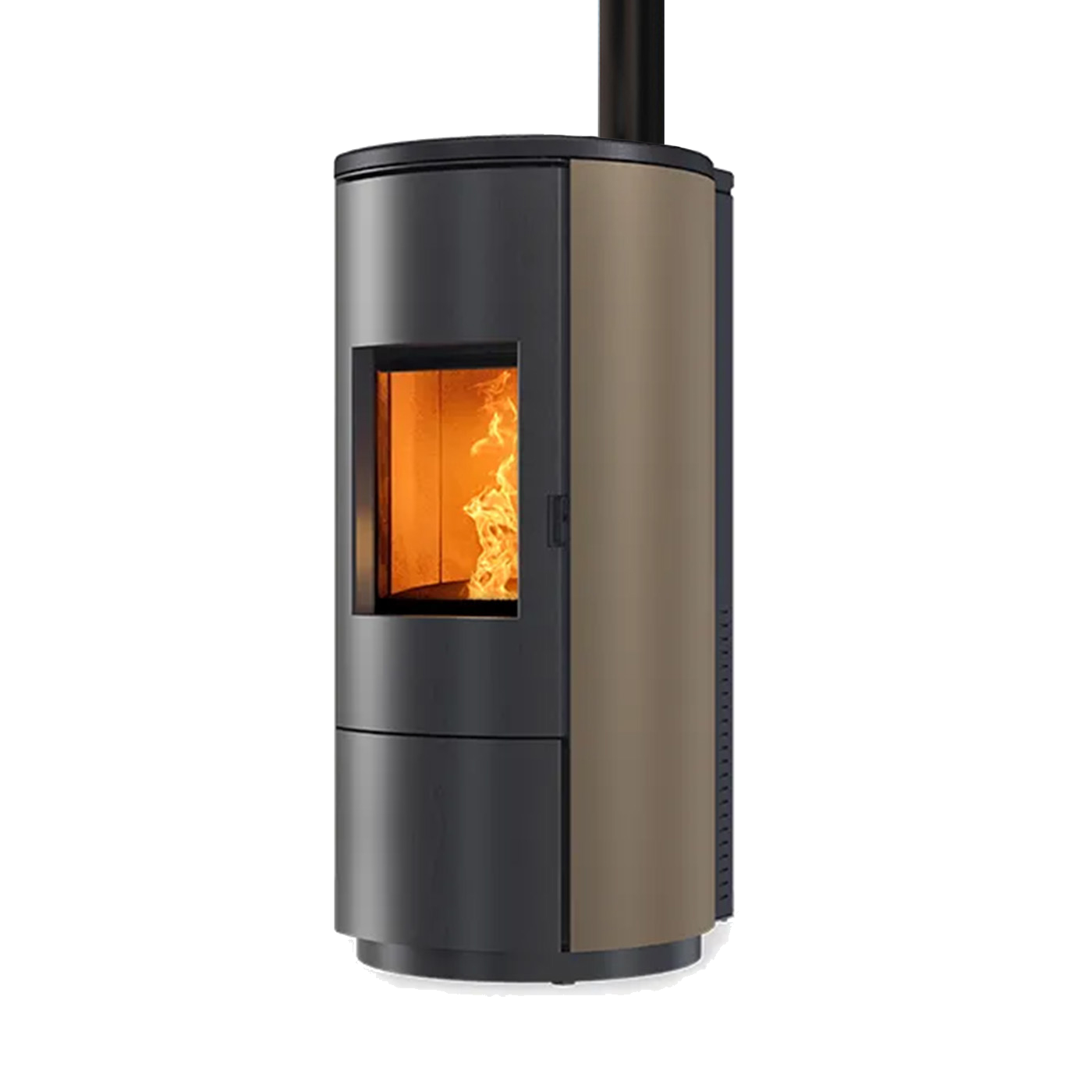 Nobis A10 Round Steel Top pelletkachel met zicht op vlammen