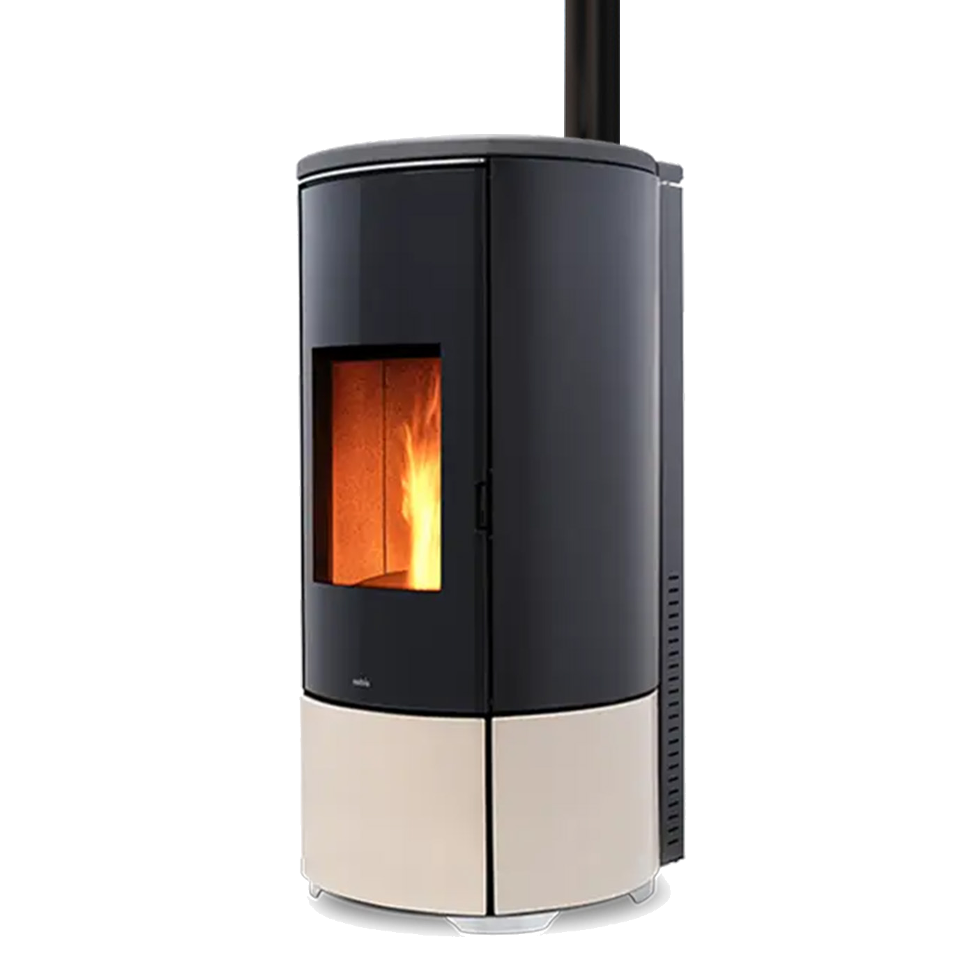 Nobis A8 Round Top Keramiek pelletkachel met vlammen, zwart en crème