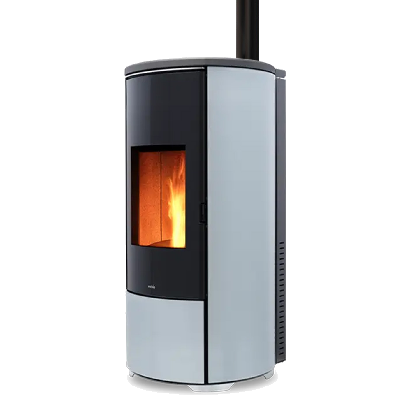 Nobis A8 Round Glass Top pelletkachel met zichtbare vlam, zwart en grijs