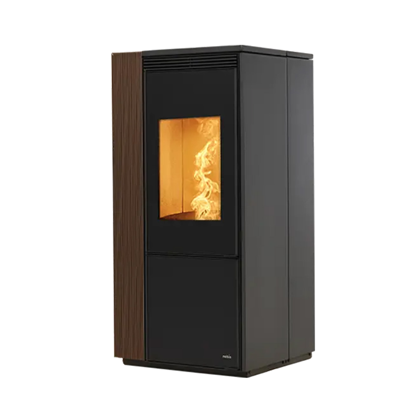 Nobis A8 Style pelletkachel met zichtbare vlammen, zwart met houten zijkant