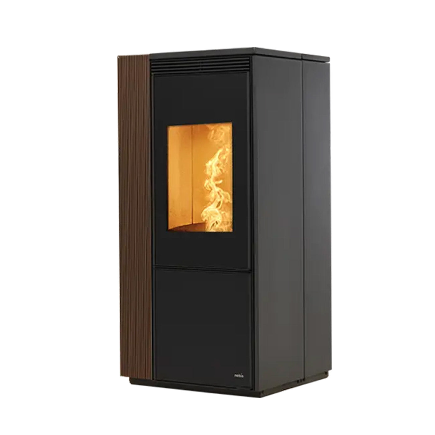 Nobis A8 Style pelletkachel met vlammen, zwart met houten zijpaneel