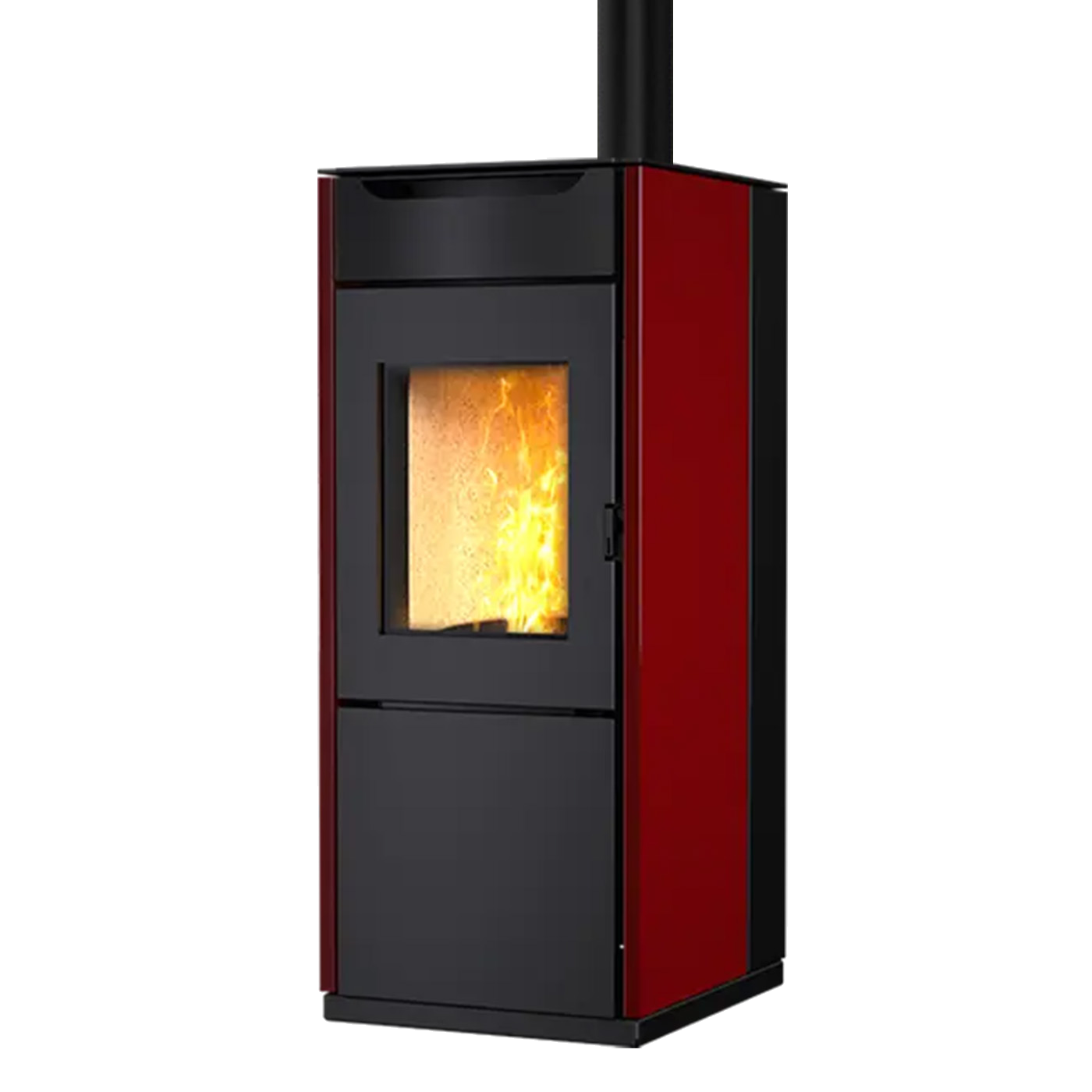 Nobis A8 Quadra Top pelletkachel rood-zwart met zicht op vlammen