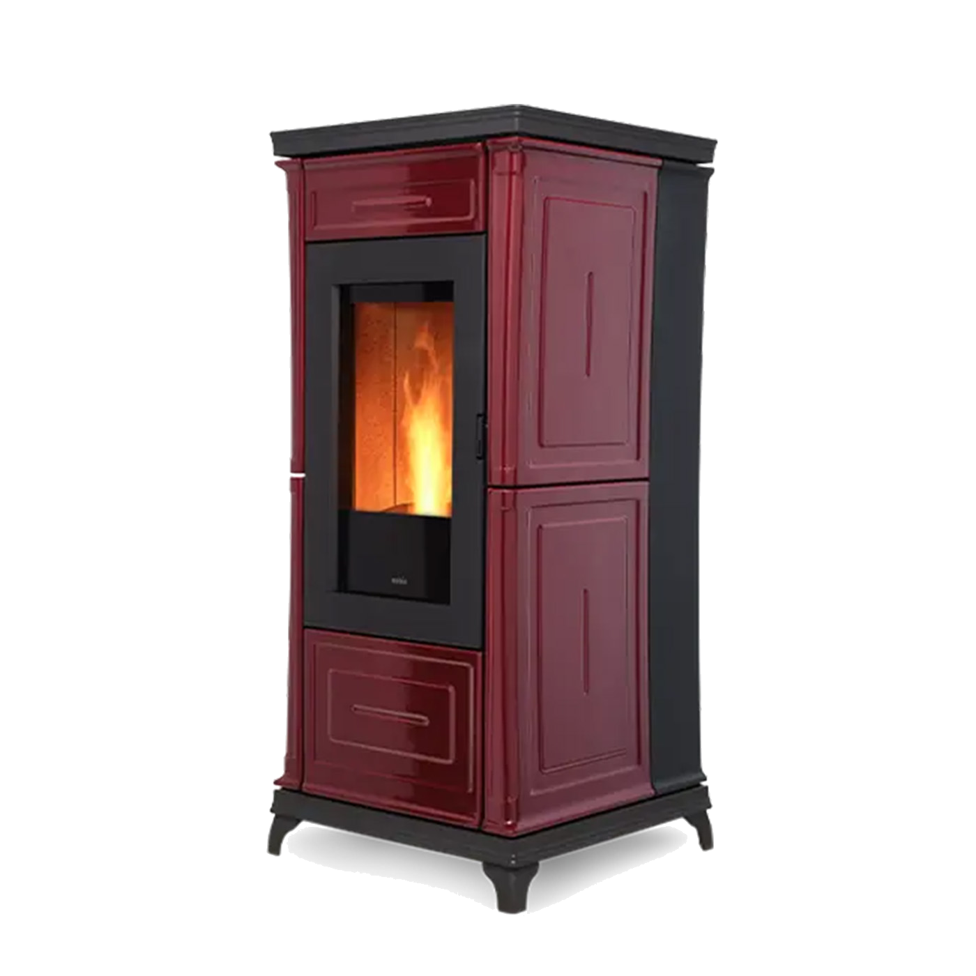 Nobis A9 Classic pelletkachel in rood en zwart, met zichtbare vlam