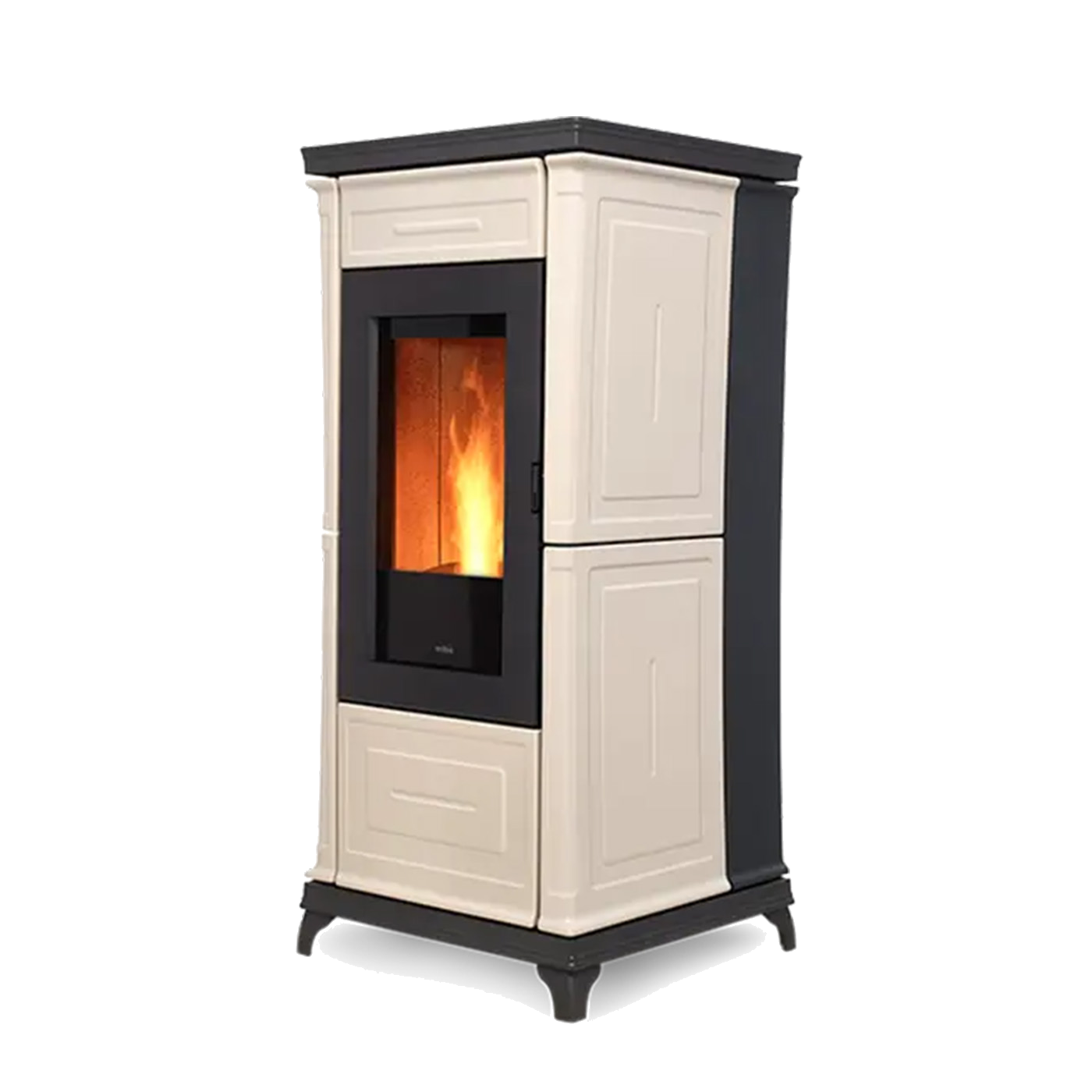 Nobis A9 Classic pelletkachel in crème en zwart, met zichtbaar vlammenscherm